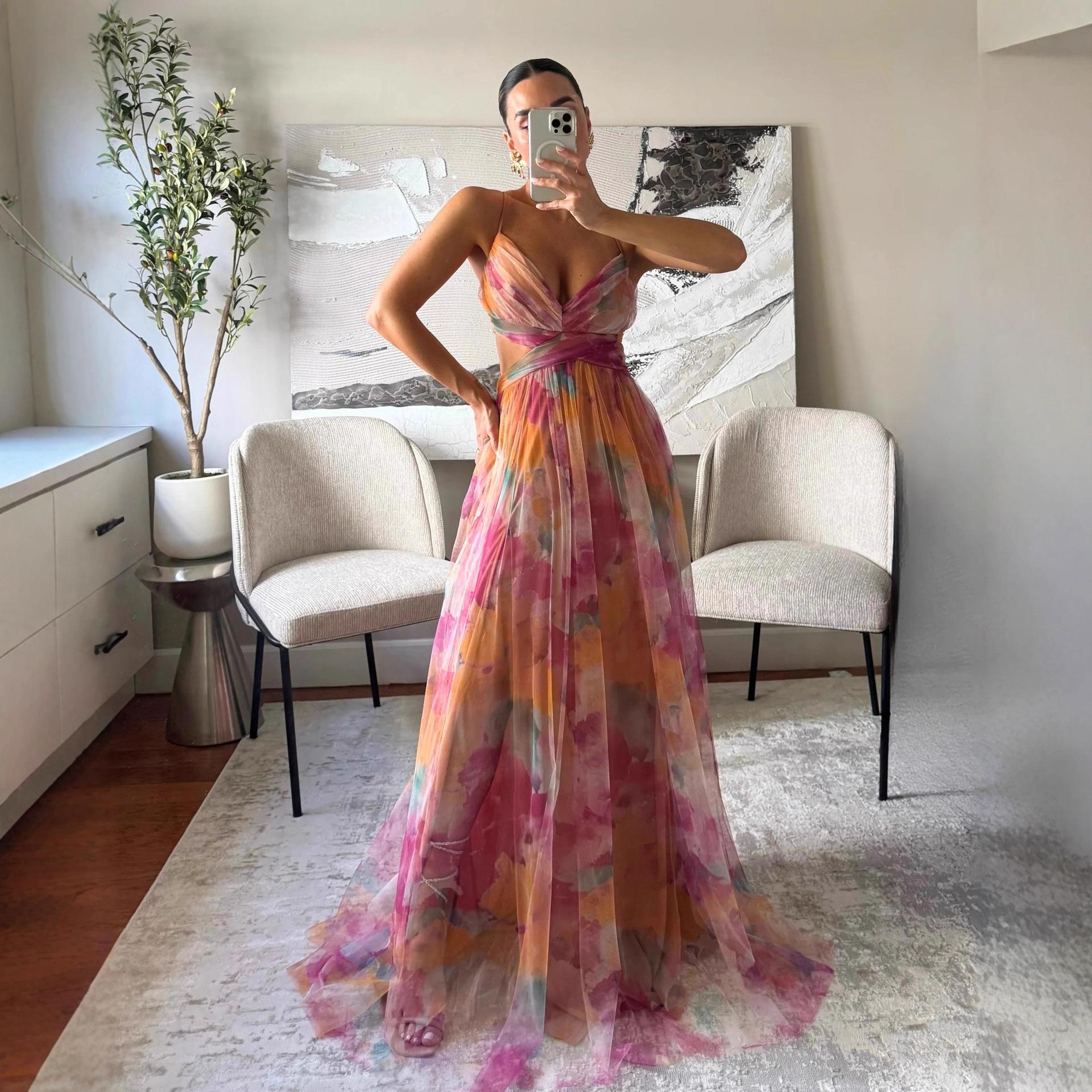 

Весна-лето новая сетчатая принтованная платье-сарафан INS отпускное повседневное вечернее платье S