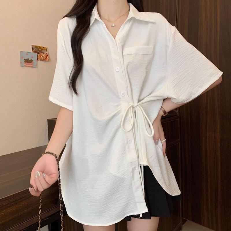 

Ladies Irregular Lace Up Shirt Loose Flip Collar Solid Color Button Woman Short Sleeved Shirts New Trend Casual Famale Top XXL білий