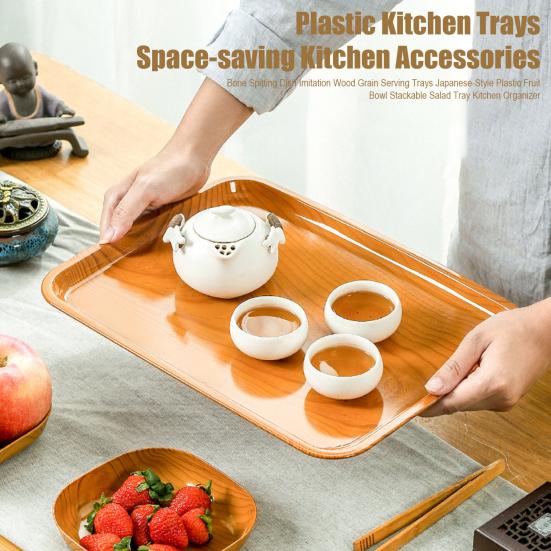 Bone Spitting Dish Imitation Wood Grain Serving Trays Japanese-Style Plastic Fruit Bowl Stackable Salad Tray Kitchen Organizer