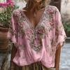 Women T-shirt V-Neck Short Sleeve 3D Imitation Jacquard Flower Decor Pullover Tops Loose Fit Summer Blouse Daily Wear