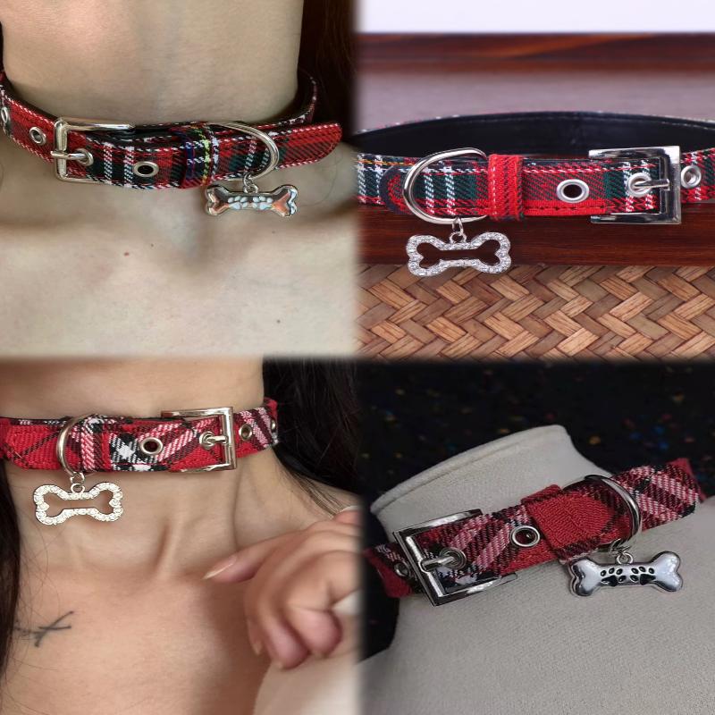 Y2K Goth Vintage Dog Bone Charm Necklace Punk Trendy Choker Simple Red Plaid Leather Buckle Necklaces Collar Chain Jewelry