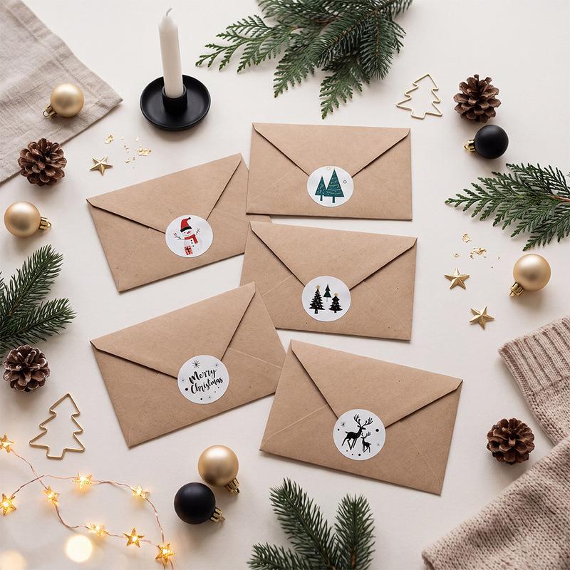 6Pcs Christmas Card Set with Envelopes & Stickers Minimalist Gold Black Tree Snowman Reindeer Holiday Greeting Cards