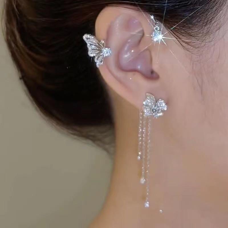 1pc Elegant Diamond Star & Leaf Tassel Ear Cuff Earring, Versatile Jewelry Gift For Women, Daily Wear