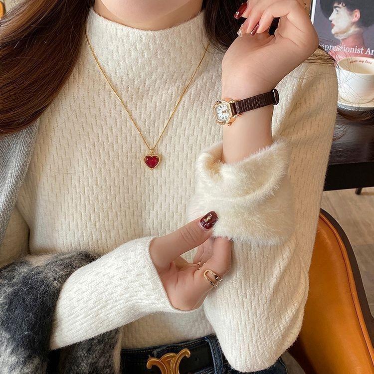 

Утепленный свитер с полувысоким воротником, пуловер с флисовой курткой для женщин и цельный флисовый теплый вязаный свитер S белый