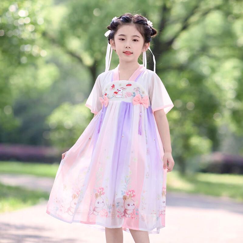 Girls  Hanfu Style Rabbit Embroidered Summer Dress 130