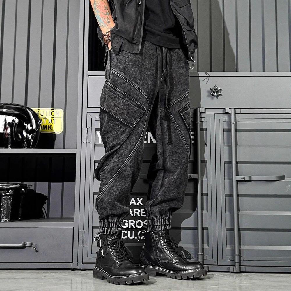 Jeans da Lavoro alla Moda da Uomo Lavati Retro Funzionali a Gamba Larga Pantaloni Trendy Marca Vestibilità Larga Casual Versatili