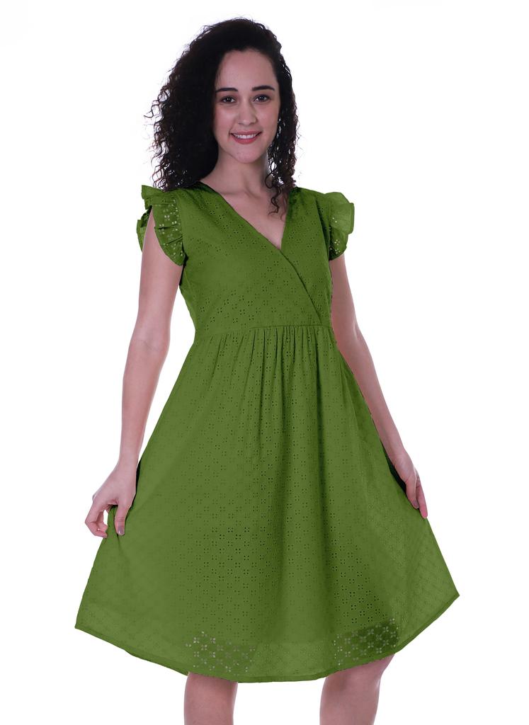 Moomaya Schiffli Dress Frill Sleeve W  V-neck Casual Relaxed Summer Garden