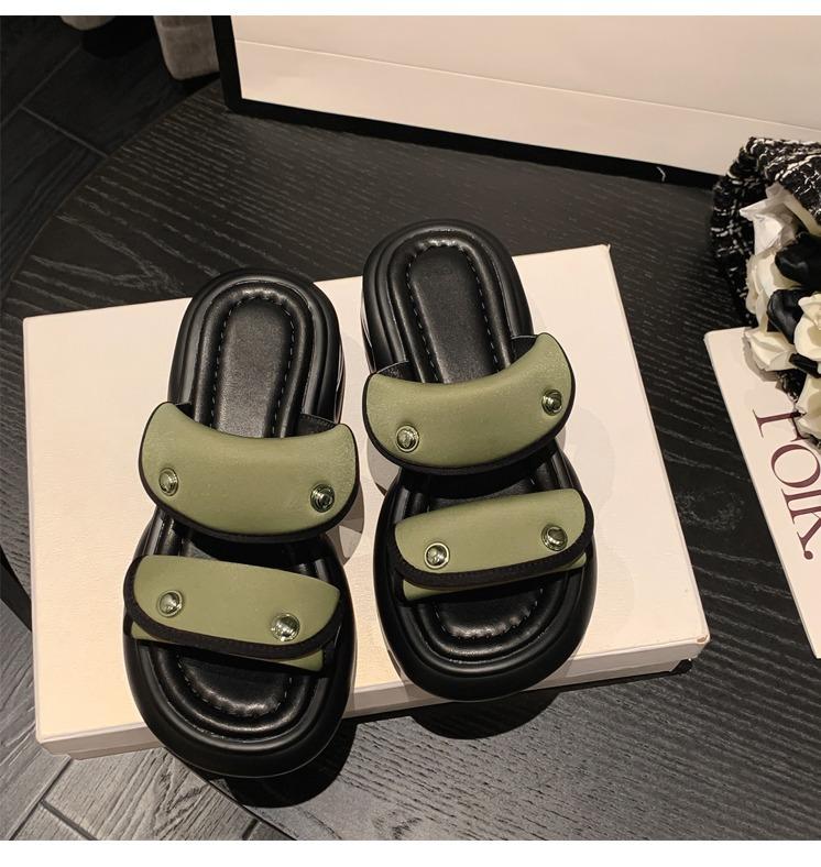 

Мода Европа Америка Модная женская обувь 2024 Лето Новые толстые подошвы, увеличивающие рост, на открытом воздухе, противоскользящие повседневные пляжные тапочки 40 зелёный