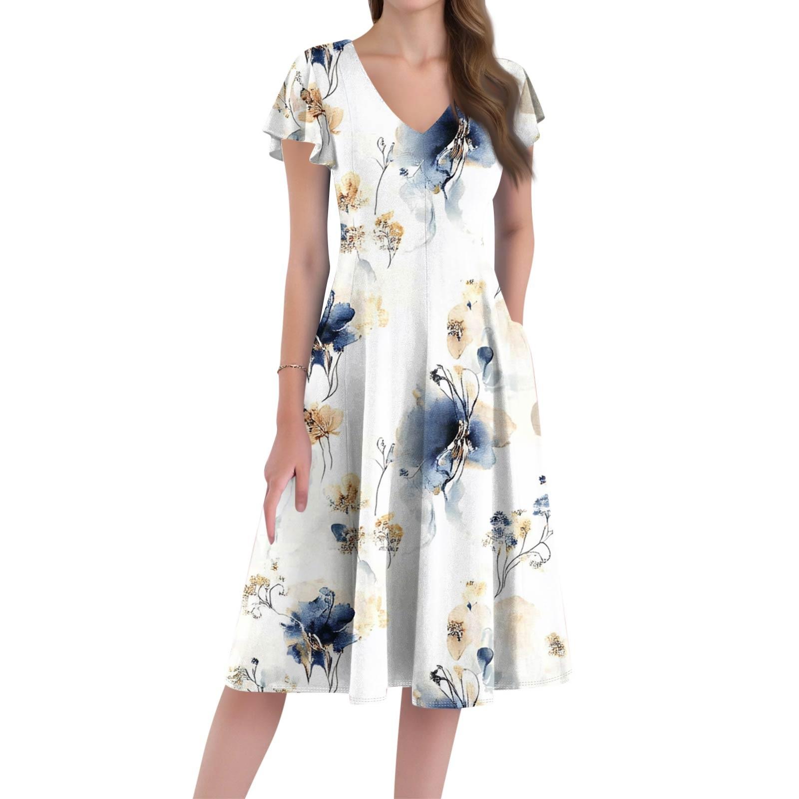 

Повседневное и модное платье средней длины с V-образным вырезом, короткими рукавами и цветочным принтом для женщин XL белый