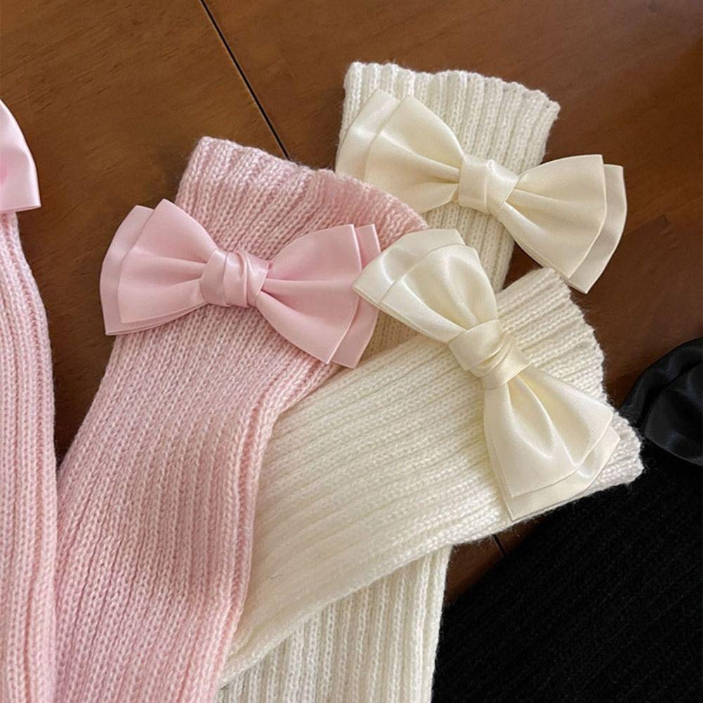 Y2k Knitted Bow Gloves Gothic Fingerless Gloves Soft Wool Sleeve Cuff  Ladies