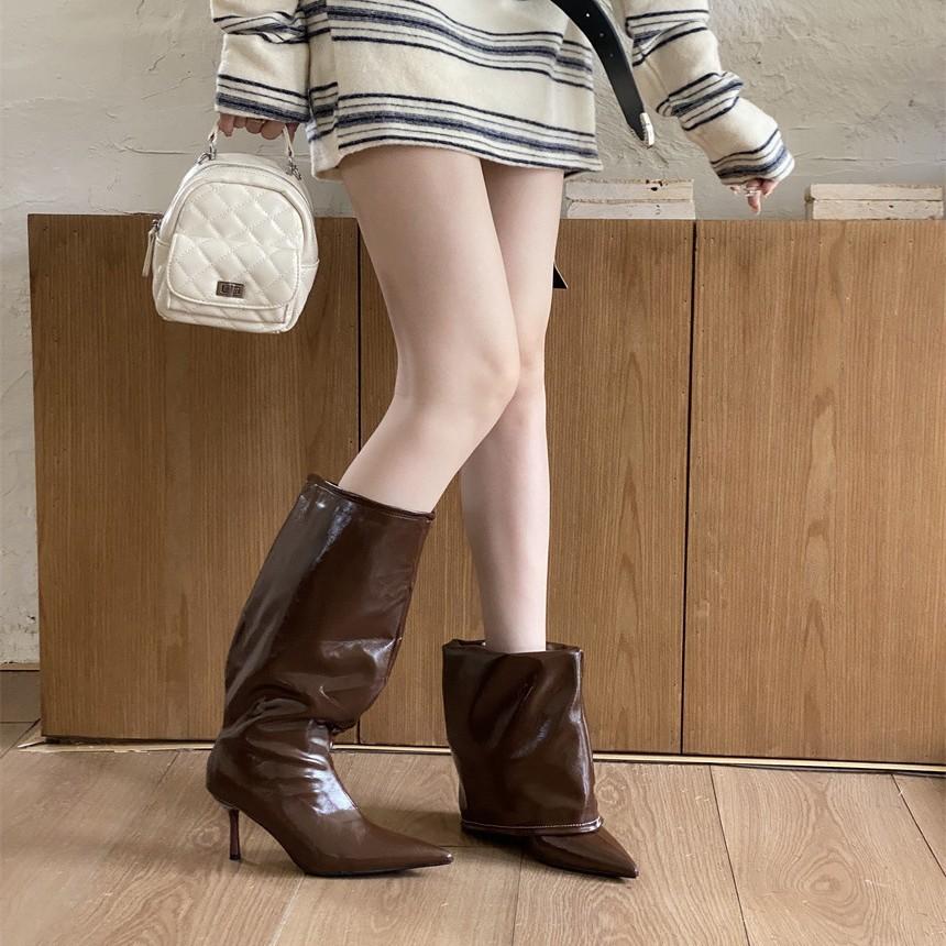 2025 Autumn European and American Style Simple Temperament Pointed High Boots Commuting Versatile Solid Color Wedge Wide Boots Low Heel Boots