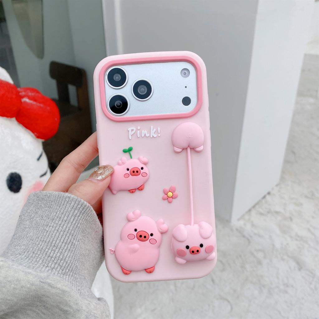 For iPhone 17 Pro Max Silicone Case Cute 3D Cartoon Pig Pendant Shockproof Phone Back Cover