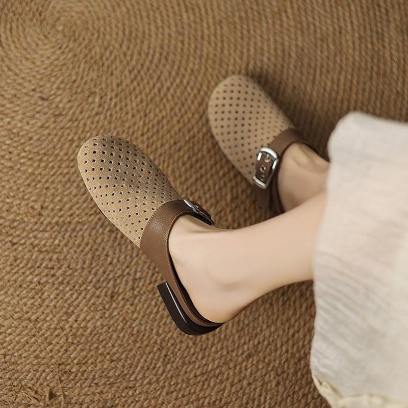 Mode NYA Sommar Dammules Ko Mocka Läderskor för Kvinnor Koncisa Täckta Tå Slingback Skor Rund Tå Låg Klack Moderna Sandaler