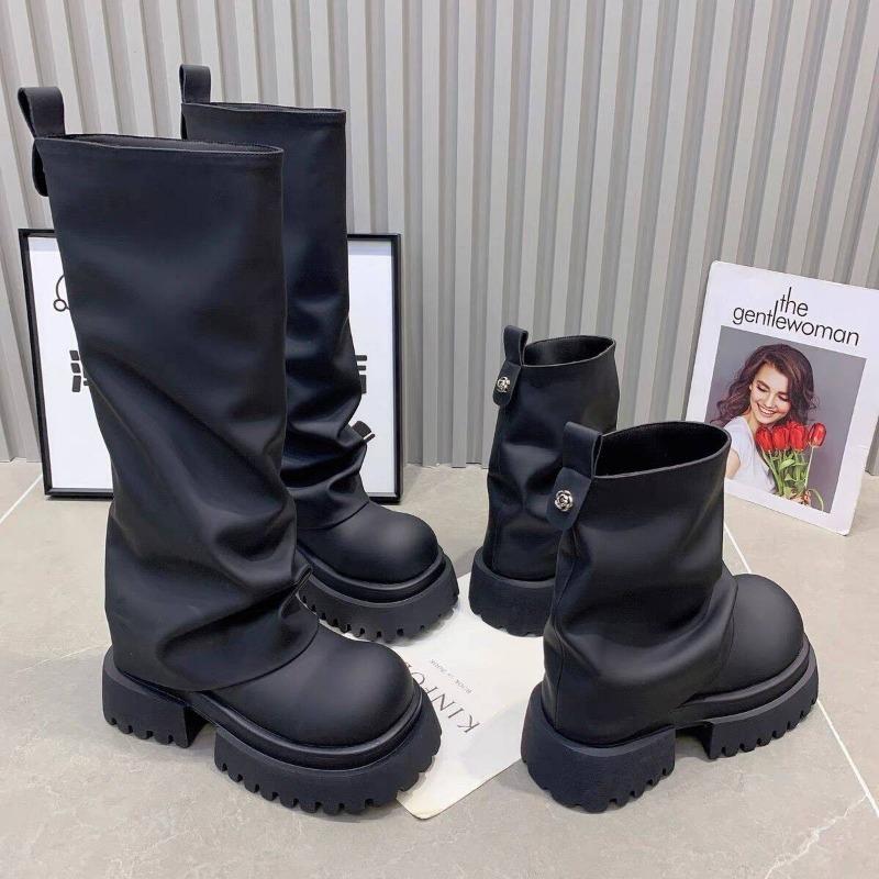 Fashion Autumn New Short Boots for Women Fashion Round Head Sleeve Fold Thick Heel Non-slip Comfortable Single Boots