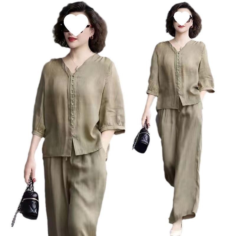 Suit Women's Slim Summer Casual Korean Style Middle-aged Mother's Top Collar Wide-leg Pants Two-piece Set for Women