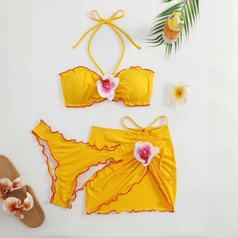 New Sexy Ruffle Frilled Three Pieces Bikini Sets Swimsuit For Women Flowers Swimwear Female Halter Push Up Bathing Suit