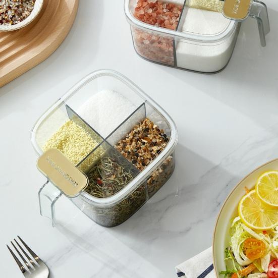 4-Fächer-Gewürzbox mit Schnappdeckel Löffel Transparenter Gewürzbehälter Stapelbarer Kunststoff Küchenorganizer für Salz Zucker Gewürze