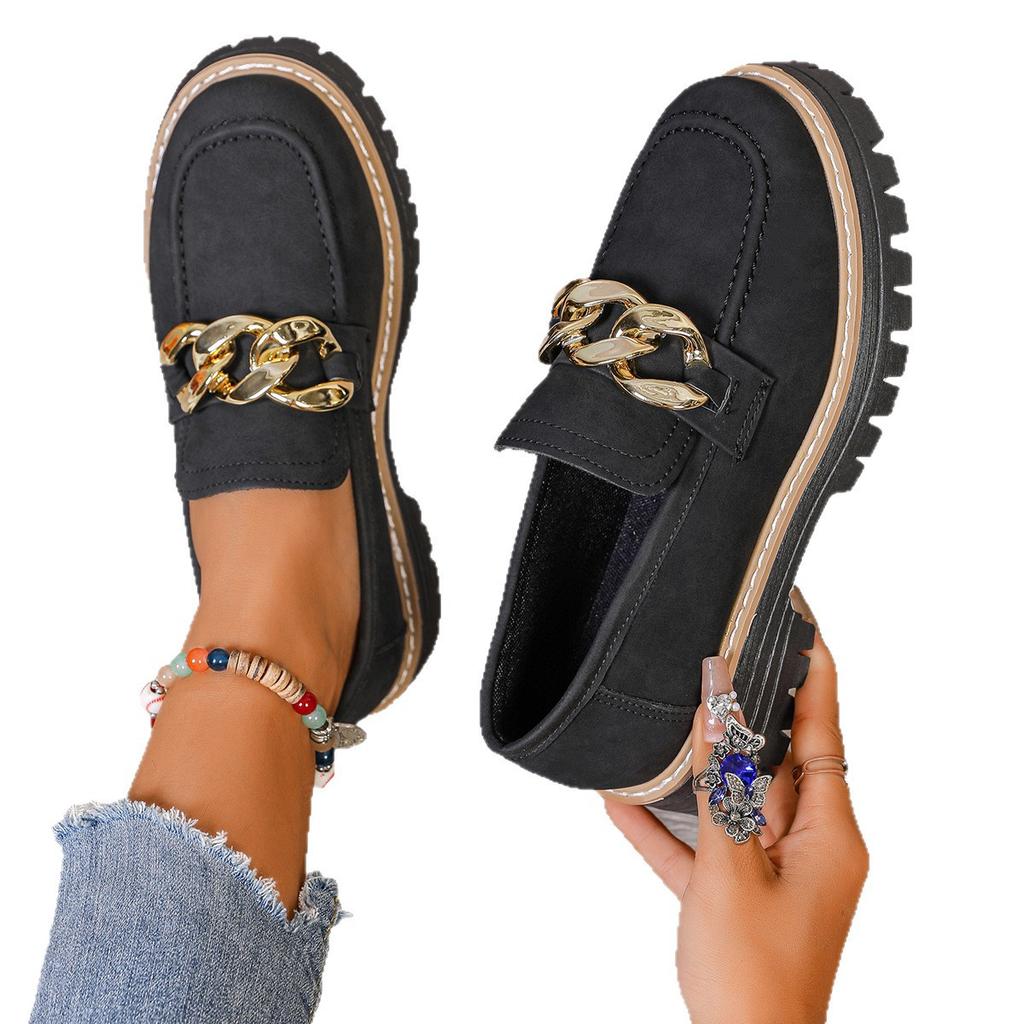 2025 Spring and Autumn New Foreign Trade Large Size Round Head Thick Sole Thick Heel Casual Metal Chain One-pedal Loafers