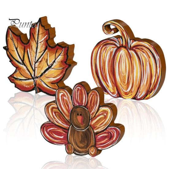 Thanksgiving Party Decor Accessories 3Pcs Wooden Block Signs, Fall Pumpkin Turkey Maple Leaf Tabletop Display Ornaments Decor, Farmhouse Tiered