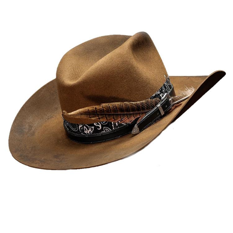 Cappello da Cowboy in Feltro di Pecora, Colore Unico con Cappello Decorativo in Feltro