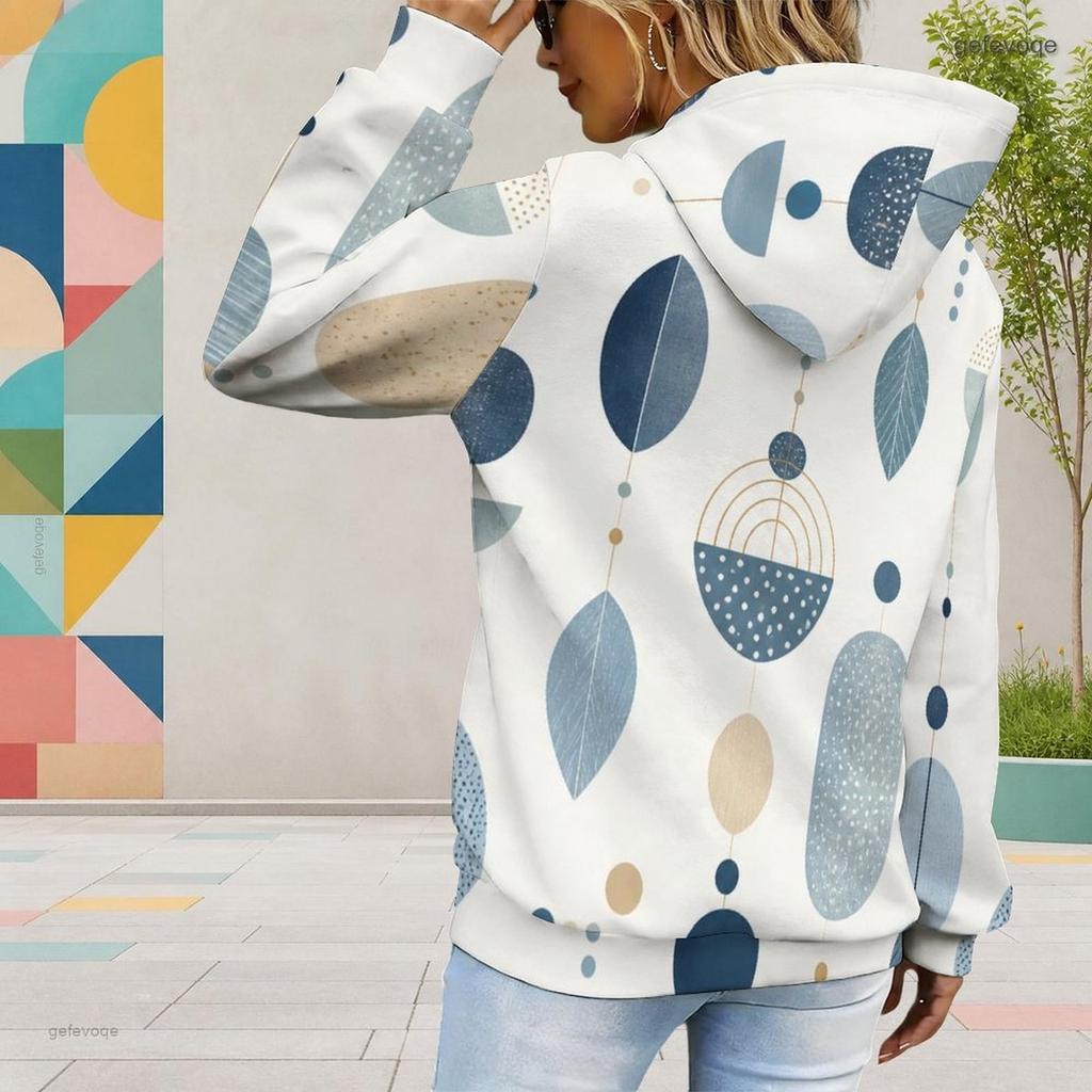 Women Plus Size Abstract Geometric Printed Long Sleeve Drawstring Hood Kangaroo Pocket Pullover Hoodie