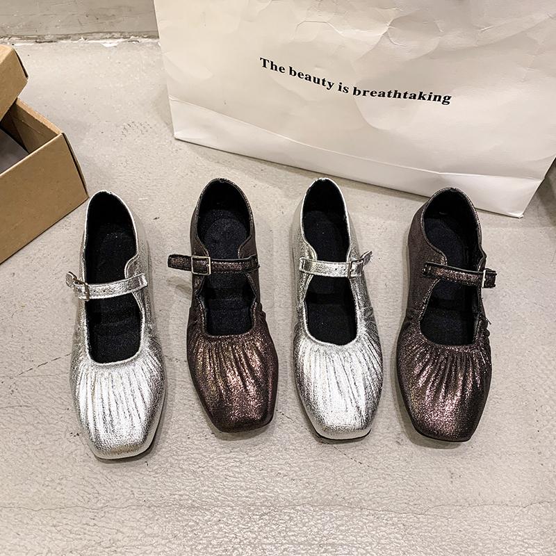 Leather Casual Flats Shoes for Women Spring 2025 Low Heels Shoes Buckle Straps Classic Office Daily Size