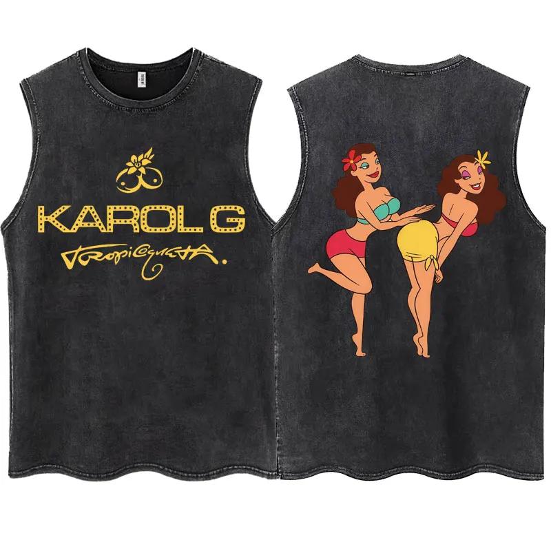 

Singer KAROL G Album Tropicoqueta Washed Tank Tops Men Women Fashion Sleeveless T Shirt Oversized Cotton T-Shirt 3XL