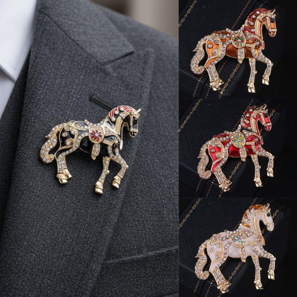 Luxury Zodiac Animal Lapel Pins Rhinestone Metal Badge Pin Strong Horse Brooches  for Women