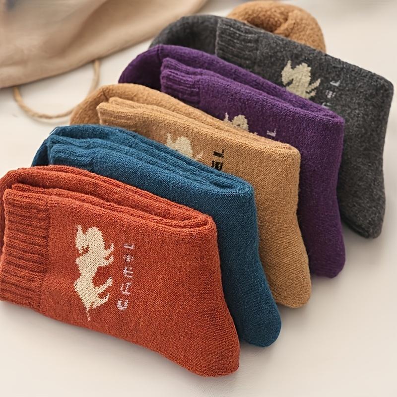 5 Pairs Winter Camel Cartoon Pattern Mid-Calf Thick Fleece-Lined Warm Polyester Spandex Knit Socks for Women