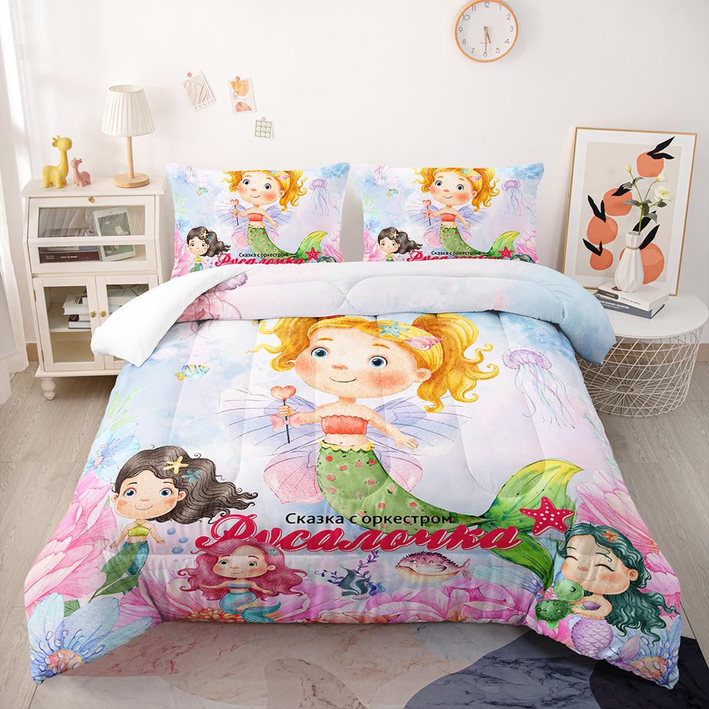 Colored Mermaid Girl Bedding Duvet Cover for Baby Kids Children,Pink Blue Cartoon Mermaid Girl Princess Polyester Quilt Coverset