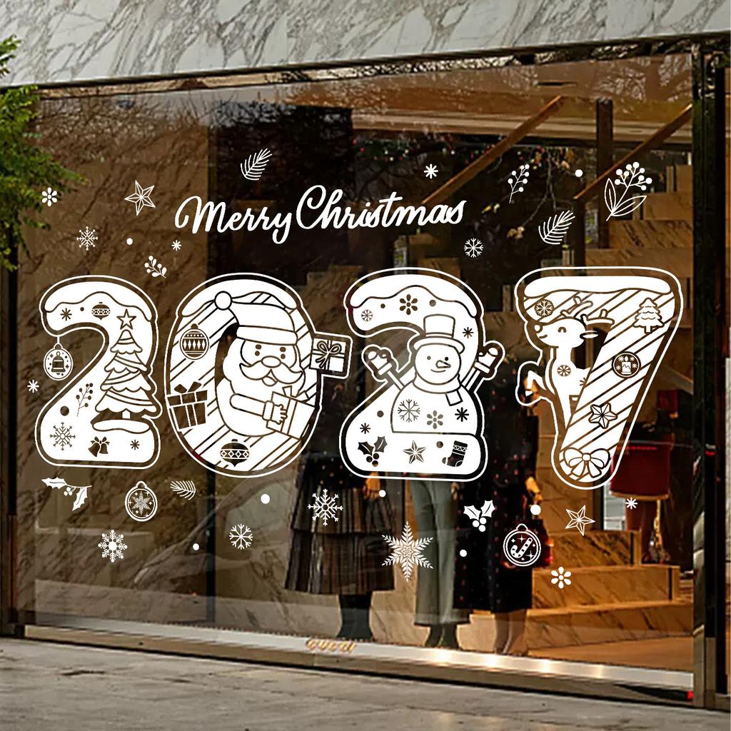 1117 Christmas Stickers Merry Christmas Decals White Snowflake Static Cling Santa Reindeer Snowman Window Decor