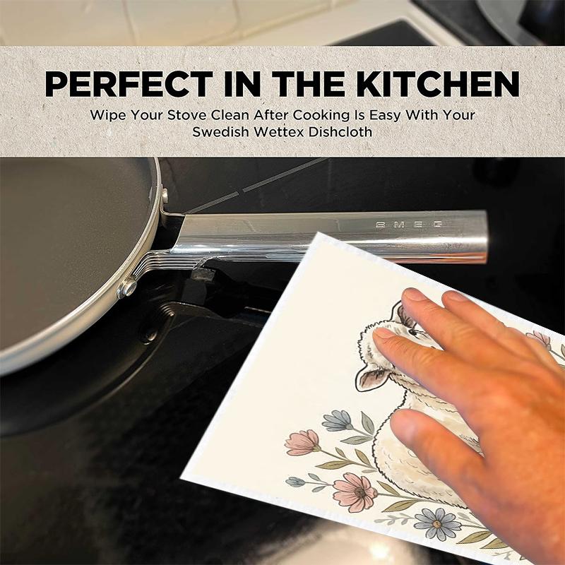 6PCS Kitchen Dishcloths Reusable Cleaning Dish Towels Absorbent Lint Free Cloth Washable Duster Rags Tea Towels Sheep Pattern Dishcloth