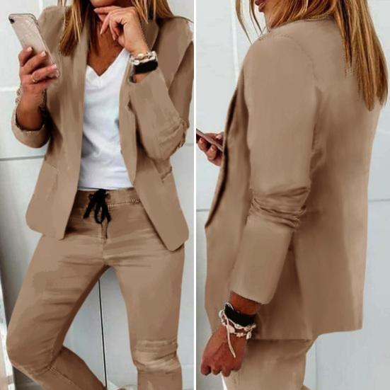 2 Stück/Set Damen Blazer Hosen Set Einfarbige Umlegekragen Faltenfrei Formell