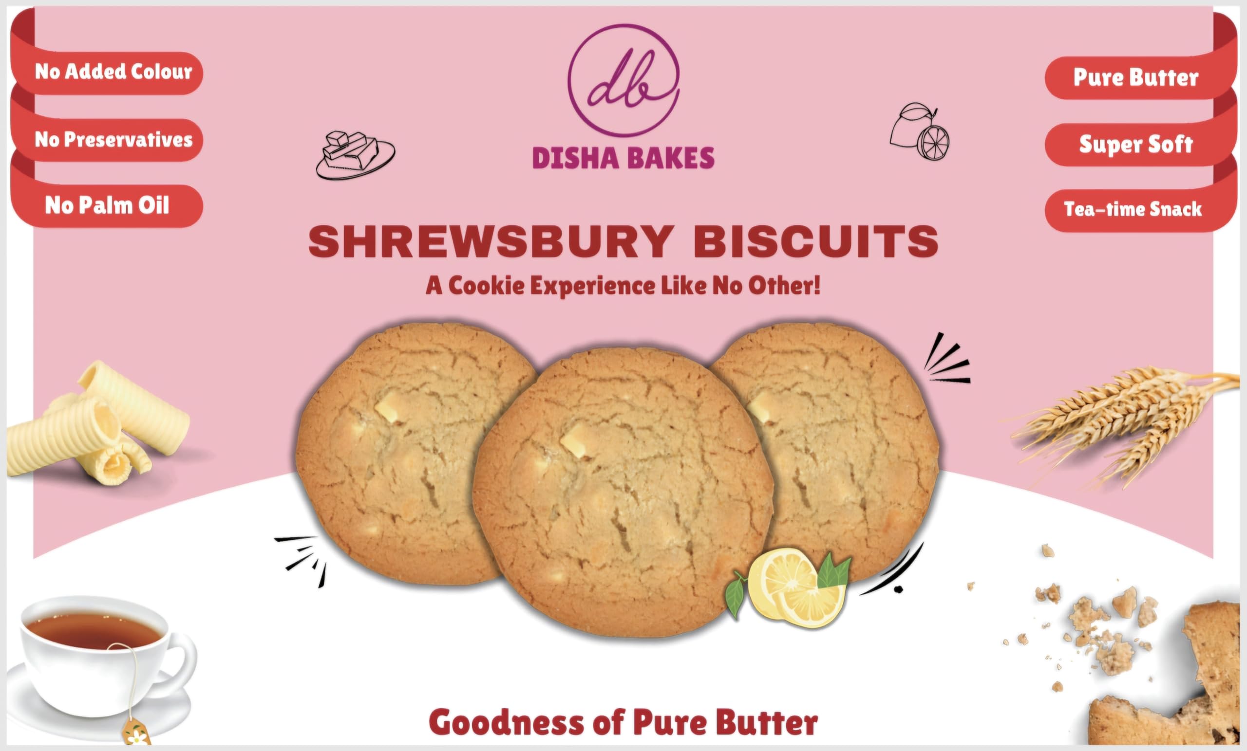 

Disha Bakes Shrewsbury Biscuits, Pure Butter, Super Soft Tea-time Snack, 250g
