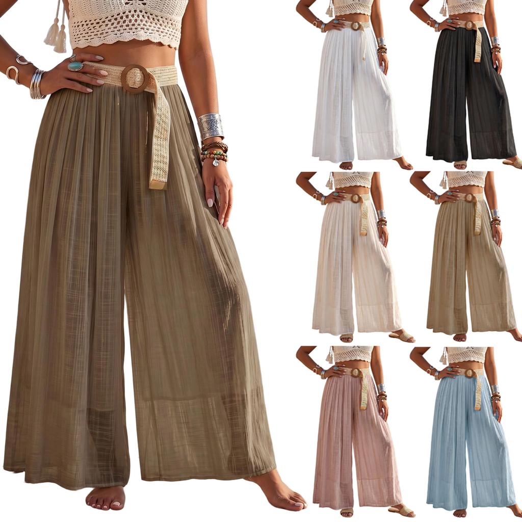 Women High Waist Pleated Wide Leg Pants Cotton Linen Casual Long Trousers with Belt for Relaxed Everyday Wear