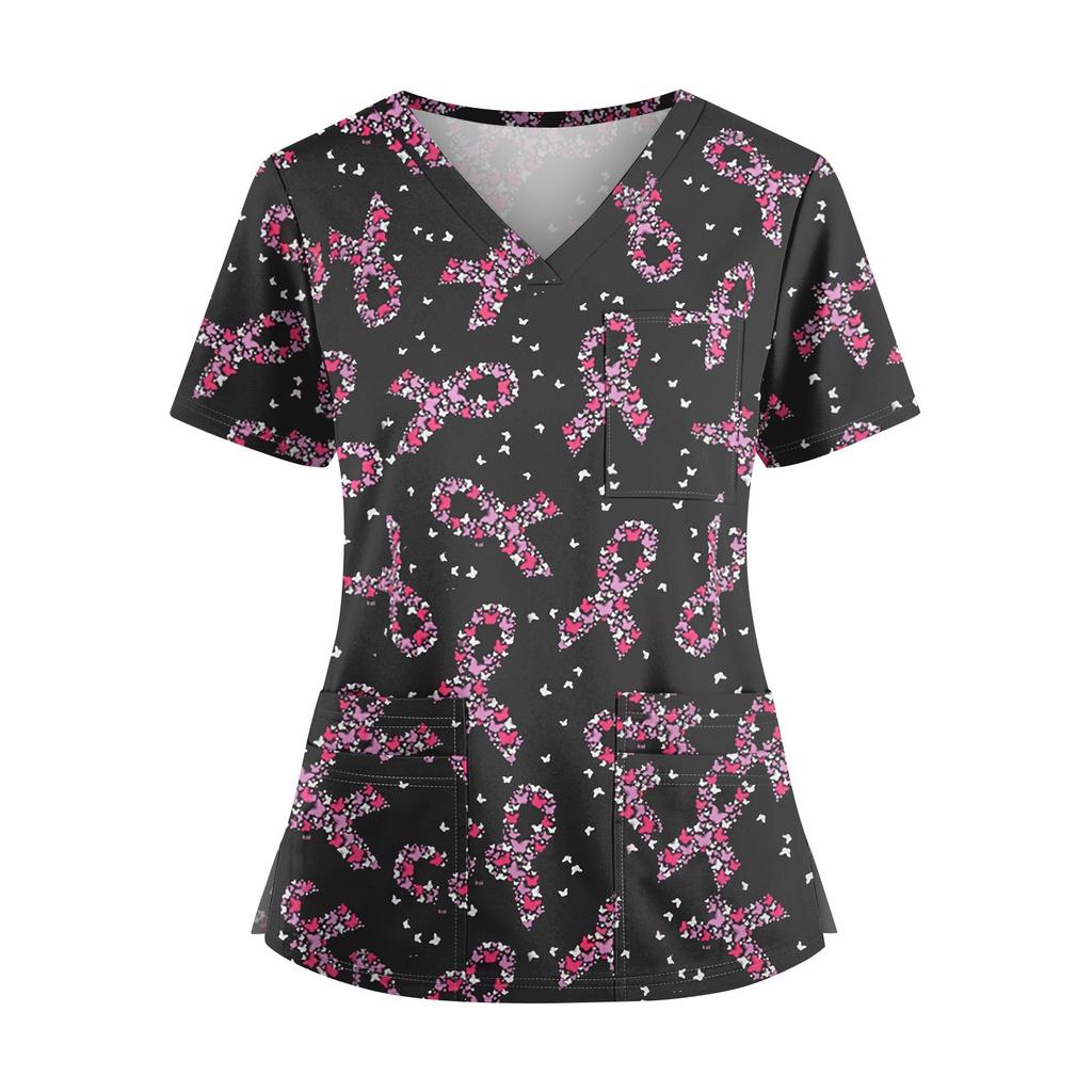 Bedruckte Oberteile für die Arbeitsuniform in Übergröße für Damen, V-Ausschnitt, Halloween-Aufdruck, kurzärmliges Fun-T-Shirt, Workwear-T-Shirt mit Taschen