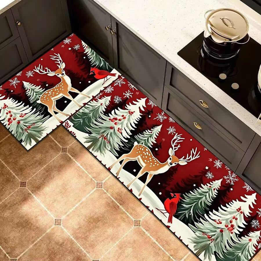 Christmas Santa Kitchen Mat Set, 2-PC Absorbent Non-Slip Floor Rugs for Holiday Decor