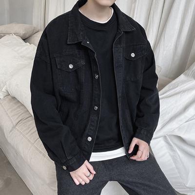 Casual Denim Coat Lapel Long Sleeve Flap Pockets Solid Color Loose Fit Jacket Single Breasted Men Outwear