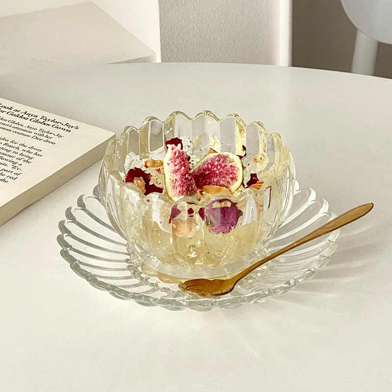 

Стеклянные десертные пиалы, тарелки, набор ложек, нежная фруктовая йогуртница, тарелка для закусок, бытовая пиала для цветочного чая, посуда для послеобеденного чая 10.6cm