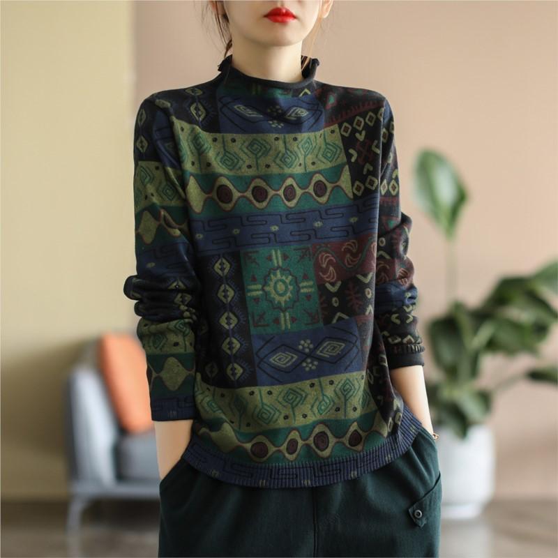 Johnature Women Vintage Knitted Cotton Pullover Sweaters Long Sleeve Mock Neck Loose Casual Clothes Autumn Women Sweaters