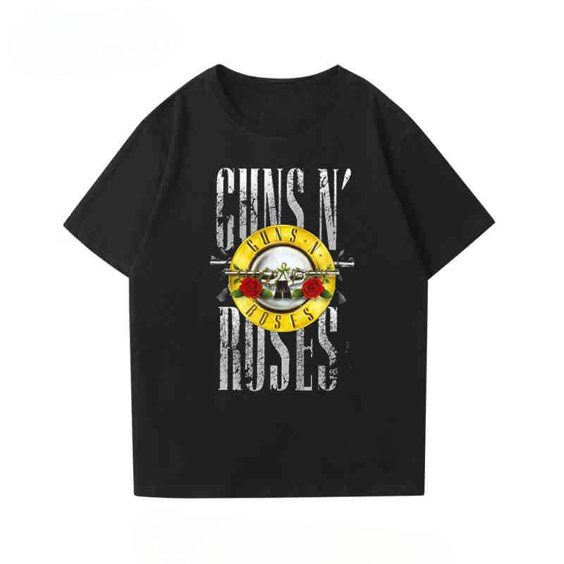 2024 New Fashion Gunsn Rose Men's and Women's Short Sleeve Vintage Rose Print Vintage High Street Loose Casual T-shirt