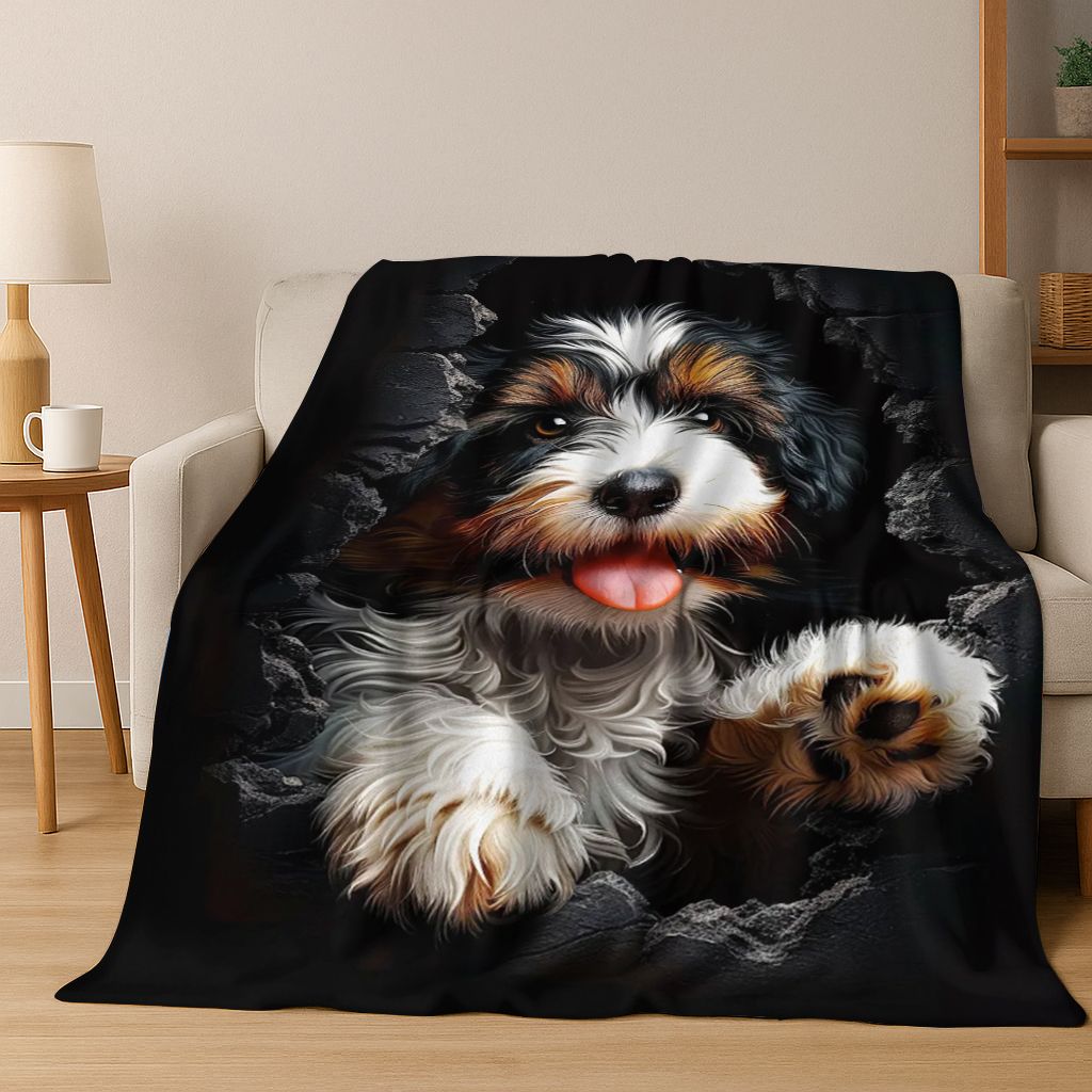 3D Illusion durchbrechende Wand Hund Welpe Niedliche Flanelldecke, Gemütliche Weiche Überwurfdecke für Zuhause Schlafzimmer Bett Sofa Picknick Abdeckung Geschenk Kind
