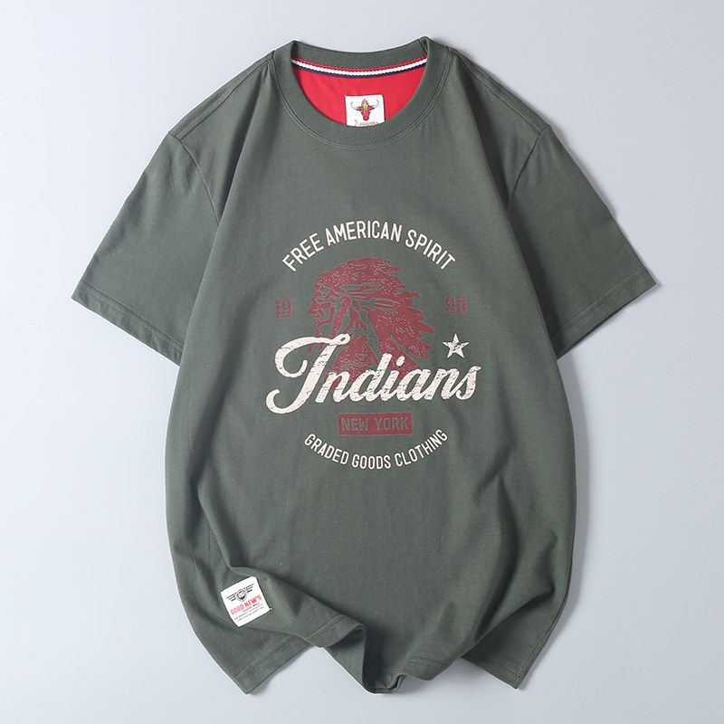 Export Surplus Cotton Brushed Indian Vintage Print Short-Sleeve T-Shirt Men's Trendy Brand Round Neck Base Shirt