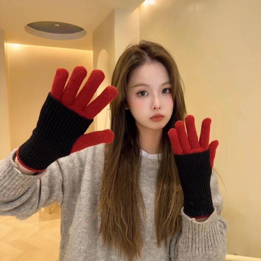 Dual-purpose Color Blocked Knitted Gloves Open-Finger Arm Cover Winter Women Gloves Daily Use