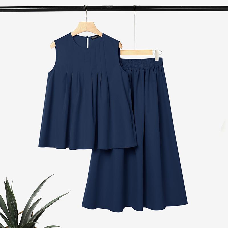 ZANZEA Women Elegant Casual Sleeveless Vest Tops With Loose Skirts Two Piece Suit Sets