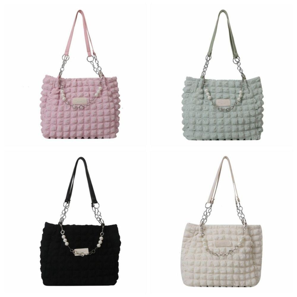 Korean Style Plaid Handbag Beaded Bubble Cloud Bag Fashion Pleated Tote Bag  Girls
