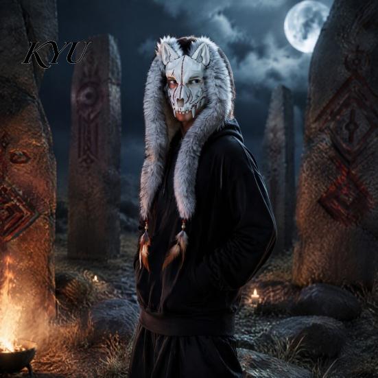 Doplňky ke kostýmu na Halloween pro párty Válečník Vlk Lebka Maska, Dlouhá Kožešinová Ušní Třásně Čelenka Cosplay Venkovní Tematické Focení Rekvizity Párty, Vlkodlak Obličej