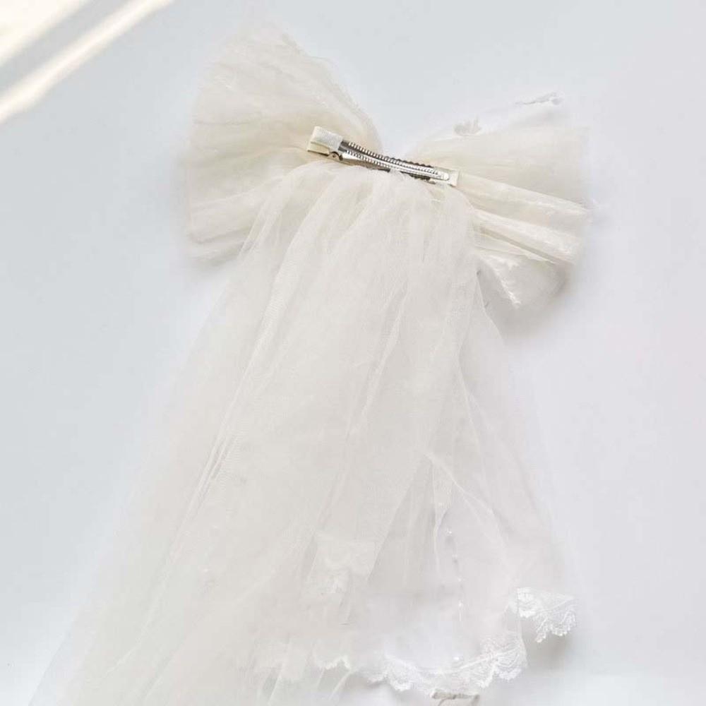Bow Girls Head Gauze Beads White Bridal Tulle Gift Veil Hair Clip  Engagement