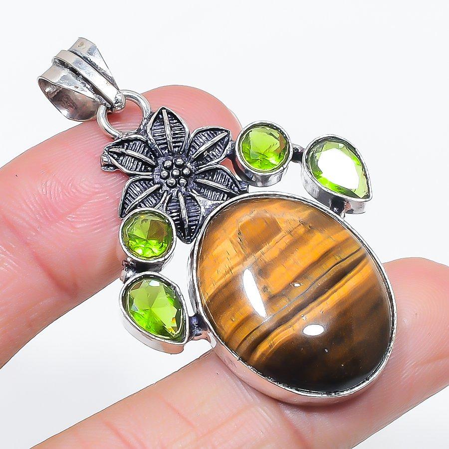 Natural Tiger Eye, Peridot 925 Sterling Silver Jewelry Pendant 2.09" F6e52