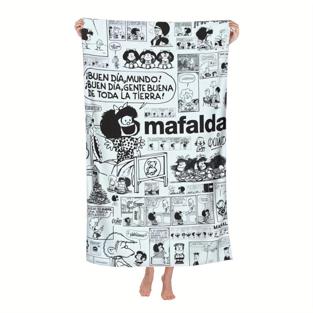 1 Stück Mafalda Comic Strandtuch Polyester - Leicht Schnelltrocknend Weich Schwimmen Reisehandtuch, Schwarz-Weiß Cartoon-Muster, Unisex